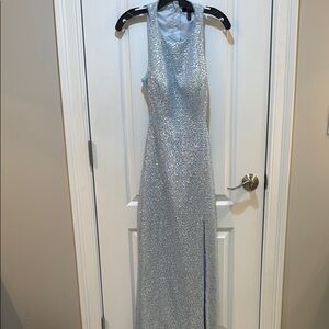 Aidan Mattox Silver and Blue Sequin Halter Gown